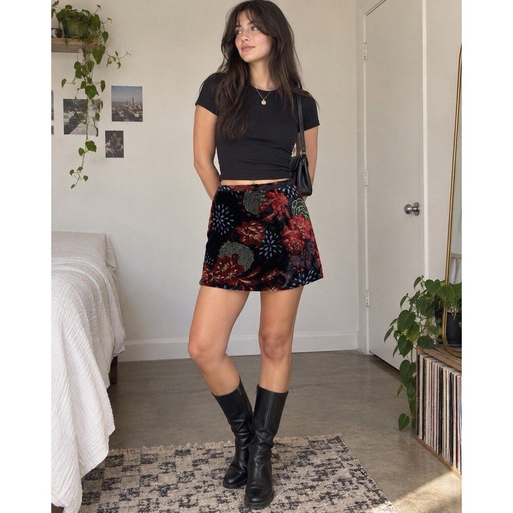 Band of Gypsies Velvet Burnout Floral Mini Skirt Large Lined Boho Y2K Fairy Dark